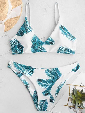 Airchics maillot de bain tropicale boho 2 pièces femme bikini blanch et vert